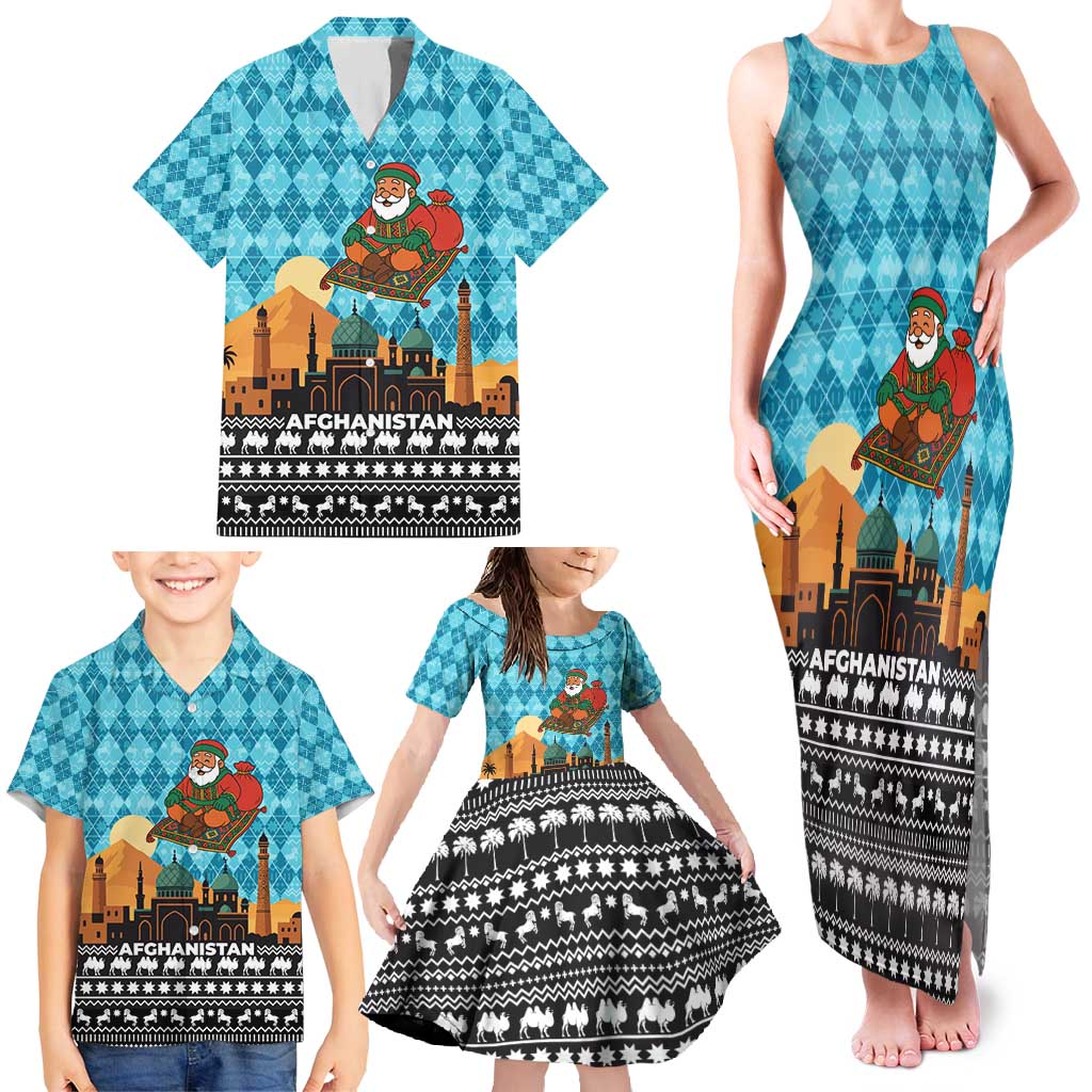 Afghanistan Christmas Family Matching Tank Maxi Dress and Hawaiian Shirt with Santa on Flying Carpet Mosque Camels and Desert Sunset Design - Wonder Print Shop