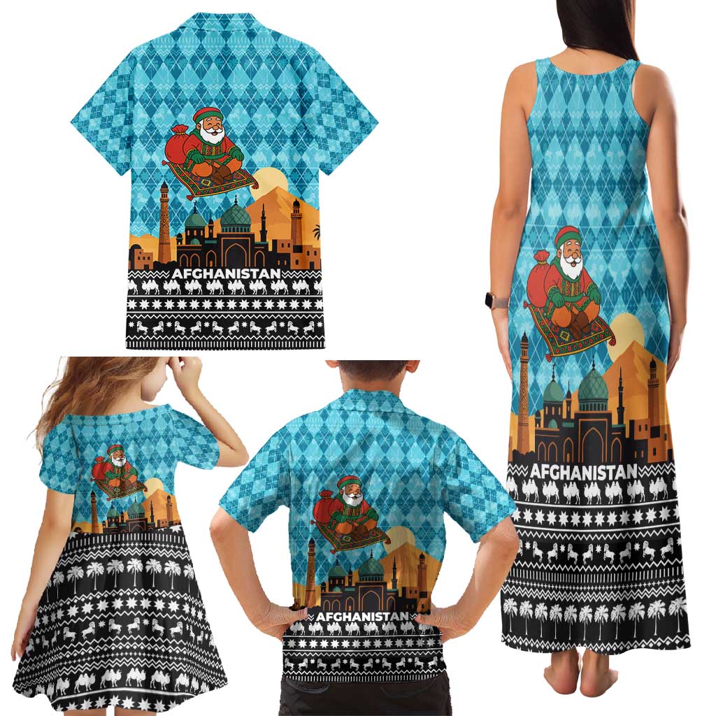 Afghanistan Christmas Family Matching Tank Maxi Dress and Hawaiian Shirt with Santa on Flying Carpet Mosque Camels and Desert Sunset Design - Wonder Print Shop