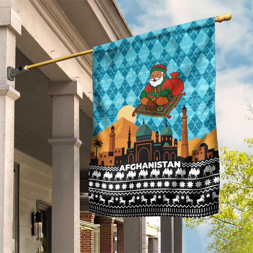 Afghanistan Christmas Garden Flag with Santa on Flying Carpet Mosque Camels and Desert Sunset Design - Wonder Print Shop