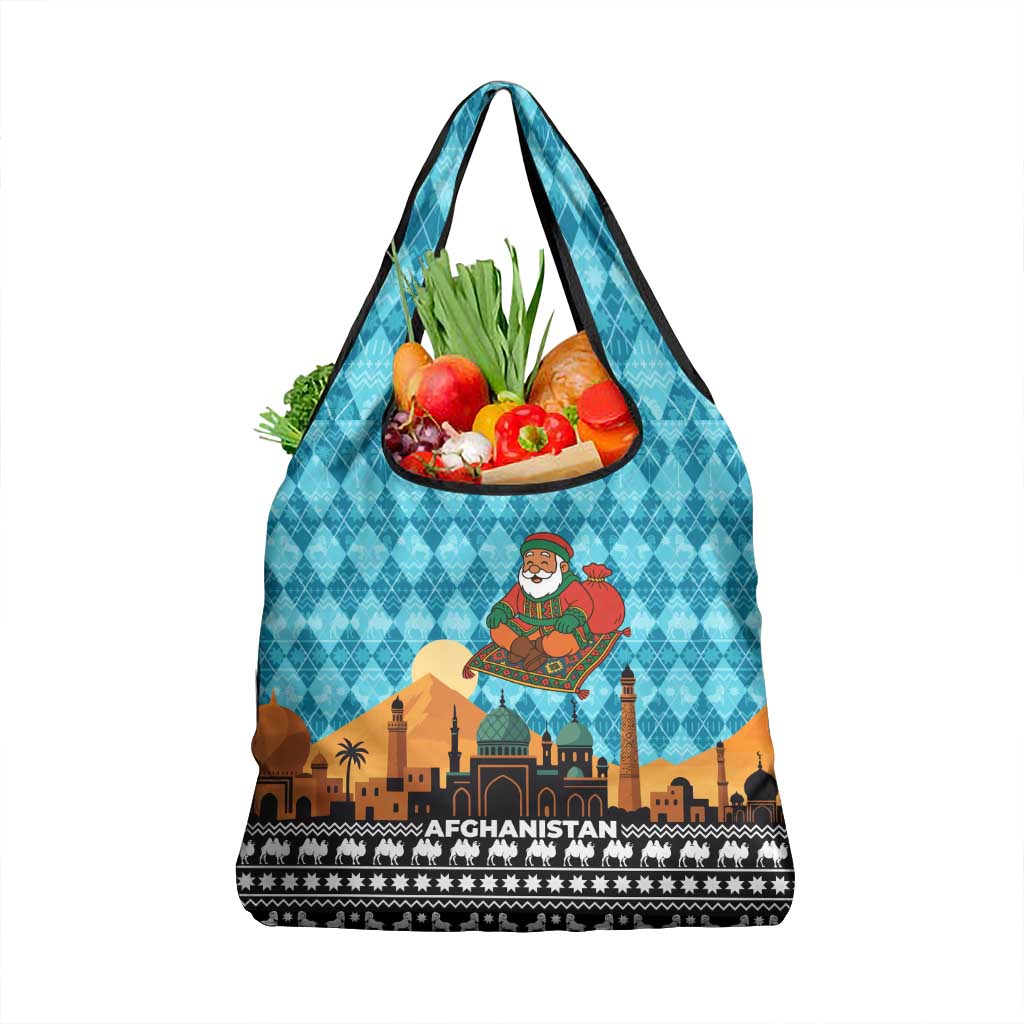 Afghanistan Christmas Grocery Bag with Santa on Flying Carpet Mosque Camels and Desert Sunset Design - Wonder Print Shop
