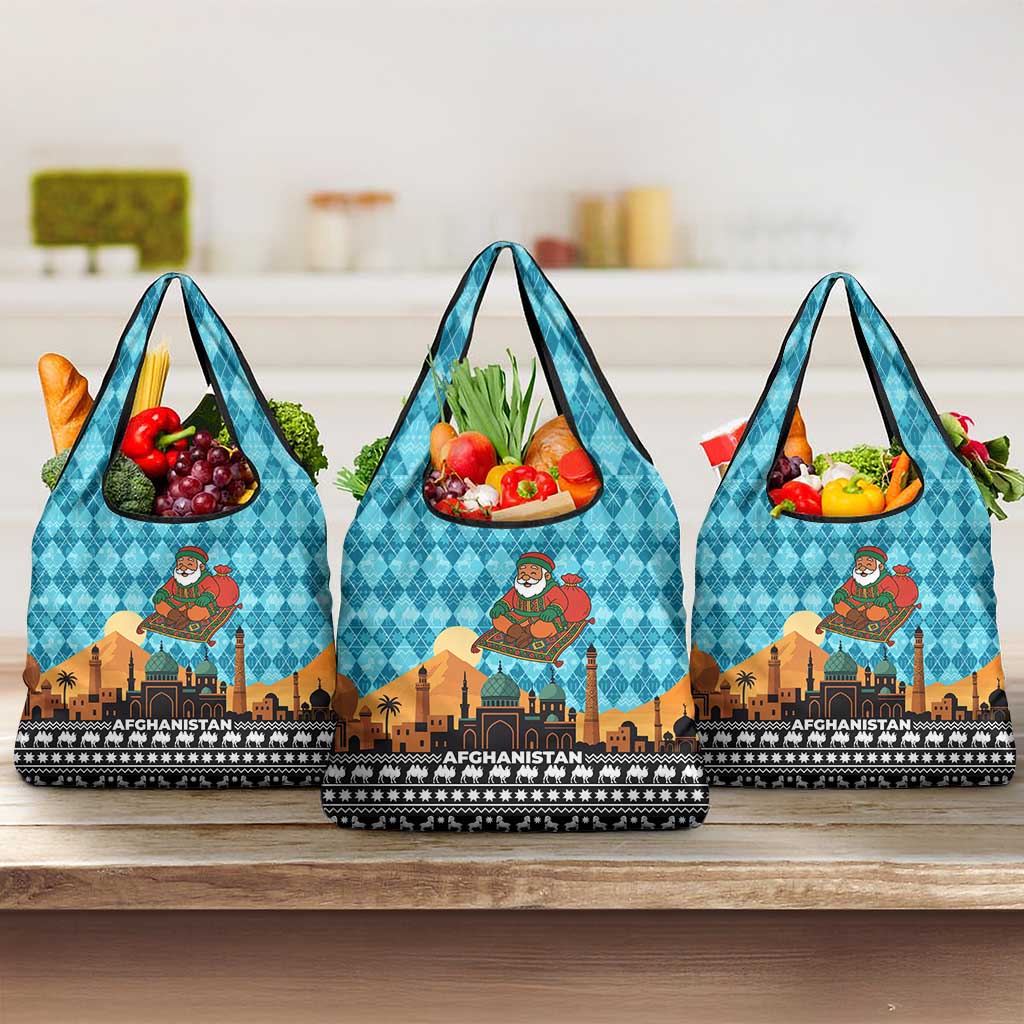 Afghanistan Christmas Grocery Bag with Santa on Flying Carpet Mosque Camels and Desert Sunset Design - Wonder Print Shop