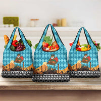 Afghanistan Christmas Grocery Bag with Santa on Flying Carpet Mosque Camels and Desert Sunset Design - Wonder Print Shop