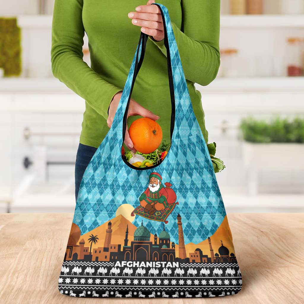 Afghanistan Christmas Grocery Bag with Santa on Flying Carpet Mosque Camels and Desert Sunset Design - Wonder Print Shop