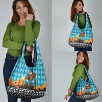 Afghanistan Christmas Grocery Bag with Santa on Flying Carpet Mosque Camels and Desert Sunset Design - Wonder Print Shop