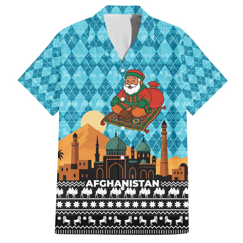 Afghanistan Christmas Hawaiian Shirt with Santa on Flying Carpet Mosque Camels and Desert Sunset Design - Wonder Print Shop