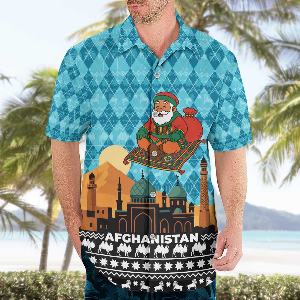 Afghanistan Christmas Hawaiian Shirt with Santa on Flying Carpet Mosque Camels and Desert Sunset Design - Wonder Print Shop