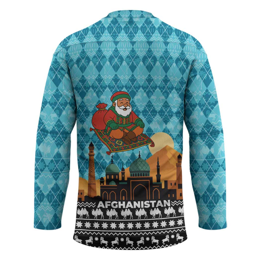 Afghanistan Christmas Hockey Jersey with Santa on Flying Carpet Mosque Camels and Desert Sunset Design - Wonder Print Shop