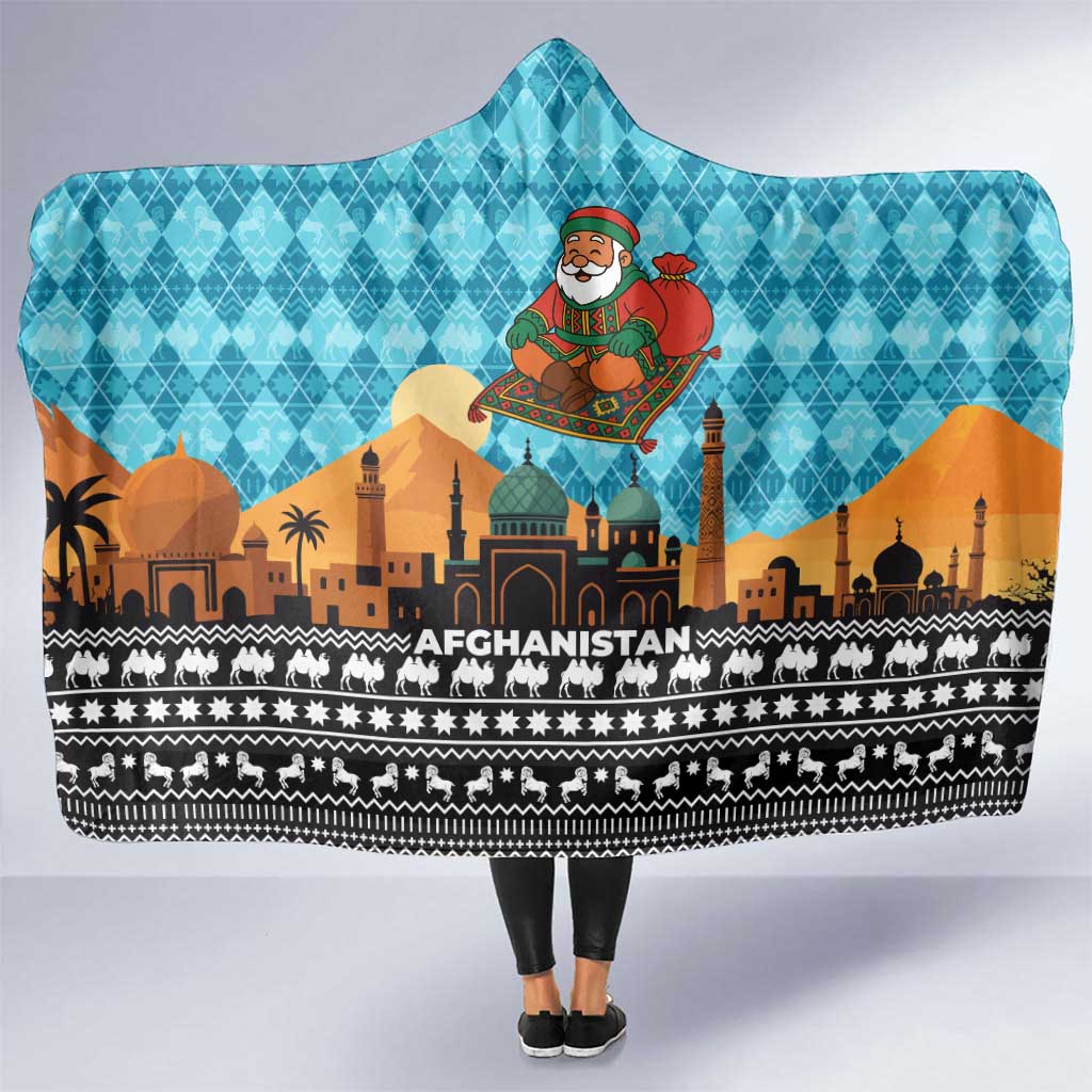Afghanistan Christmas Hooded Blanket with Santa on Flying Carpet Mosque Camels and Desert Sunset Design - Wonder Print Shop