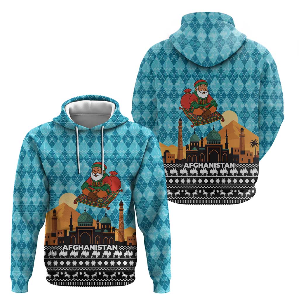 Afghanistan Christmas Hoodie with Santa on Flying Carpet Mosque Camels and Desert Sunset Design - Wonder Print Shop
