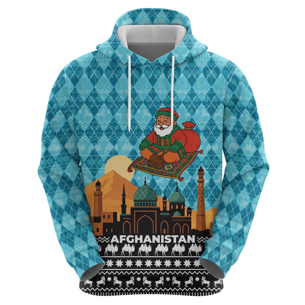 Afghanistan Christmas Hoodie with Santa on Flying Carpet Mosque Camels and Desert Sunset Design - Wonder Print Shop