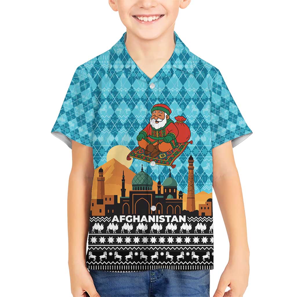 Afghanistan Christmas Kid Hawaiian Shirt with Santa on Flying Carpet Mosque Camels and Desert Sunset Design - Wonder Print Shop