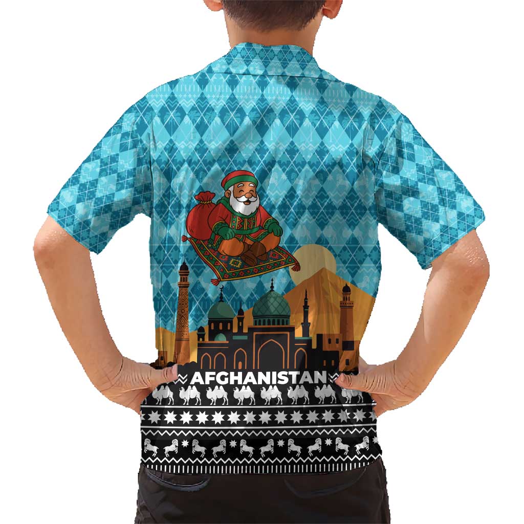 Afghanistan Christmas Kid Hawaiian Shirt with Santa on Flying Carpet Mosque Camels and Desert Sunset Design - Wonder Print Shop