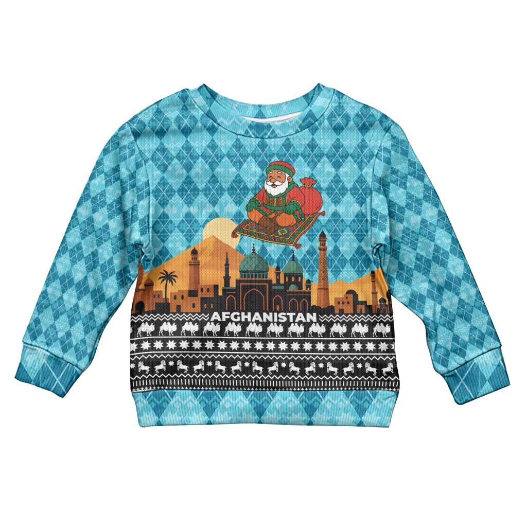 Afghanistan Christmas Kid Ugly Christmas Sweater with Santa on Flying Carpet Mosque Camels and Desert Sunset Design - Wonder Print Shop