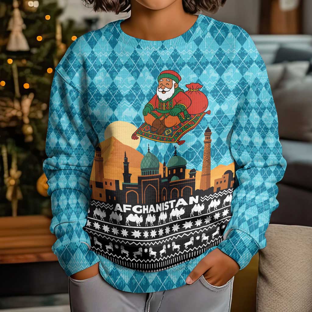 Afghanistan Christmas Kid Ugly Christmas Sweater with Santa on Flying Carpet Mosque Camels and Desert Sunset Design - Wonder Print Shop