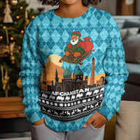 Afghanistan Christmas Kid Ugly Christmas Sweater with Santa on Flying Carpet Mosque Camels and Desert Sunset Design - Wonder Print Shop
