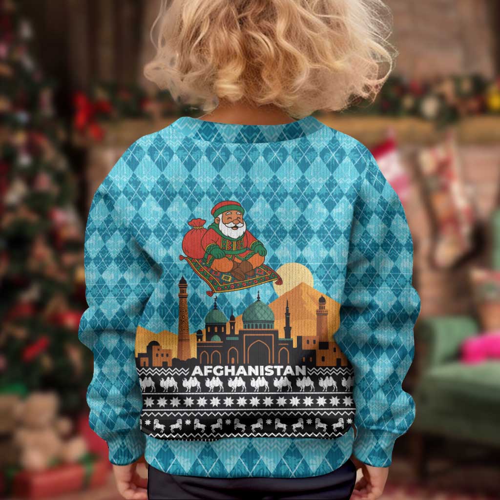 Afghanistan Christmas Kid Ugly Christmas Sweater with Santa on Flying Carpet Mosque Camels and Desert Sunset Design - Wonder Print Shop
