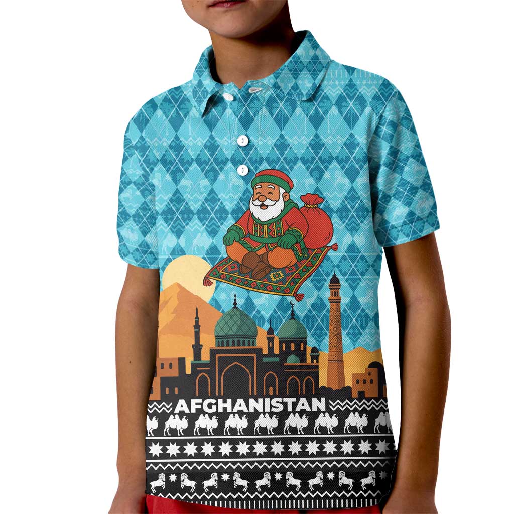 Afghanistan Christmas Kid Polo Shirt with Santa on Flying Carpet Mosque Camels and Desert Sunset Design - Wonder Print Shop