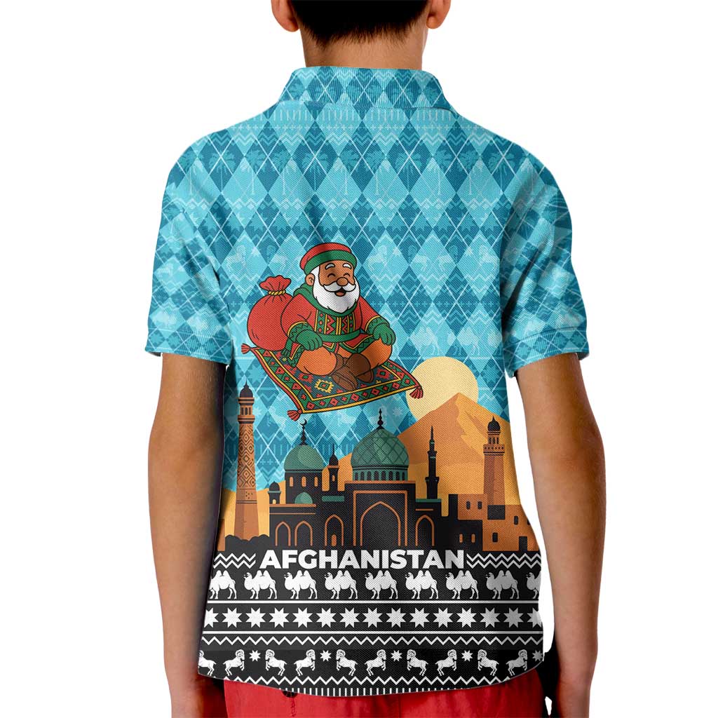 Afghanistan Christmas Kid Polo Shirt with Santa on Flying Carpet Mosque Camels and Desert Sunset Design - Wonder Print Shop