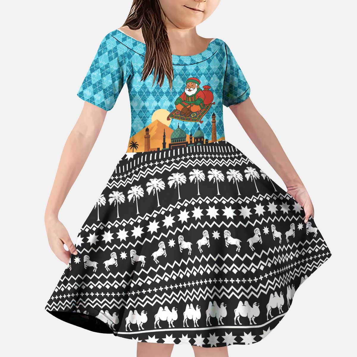 Afghanistan Christmas Kid Short Sleeve Dress with Santa on Flying Carpet Mosque Camels and Desert Sunset Design - Wonder Print Shop