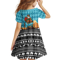 Afghanistan Christmas Kid Short Sleeve Dress with Santa on Flying Carpet Mosque Camels and Desert Sunset Design - Wonder Print Shop