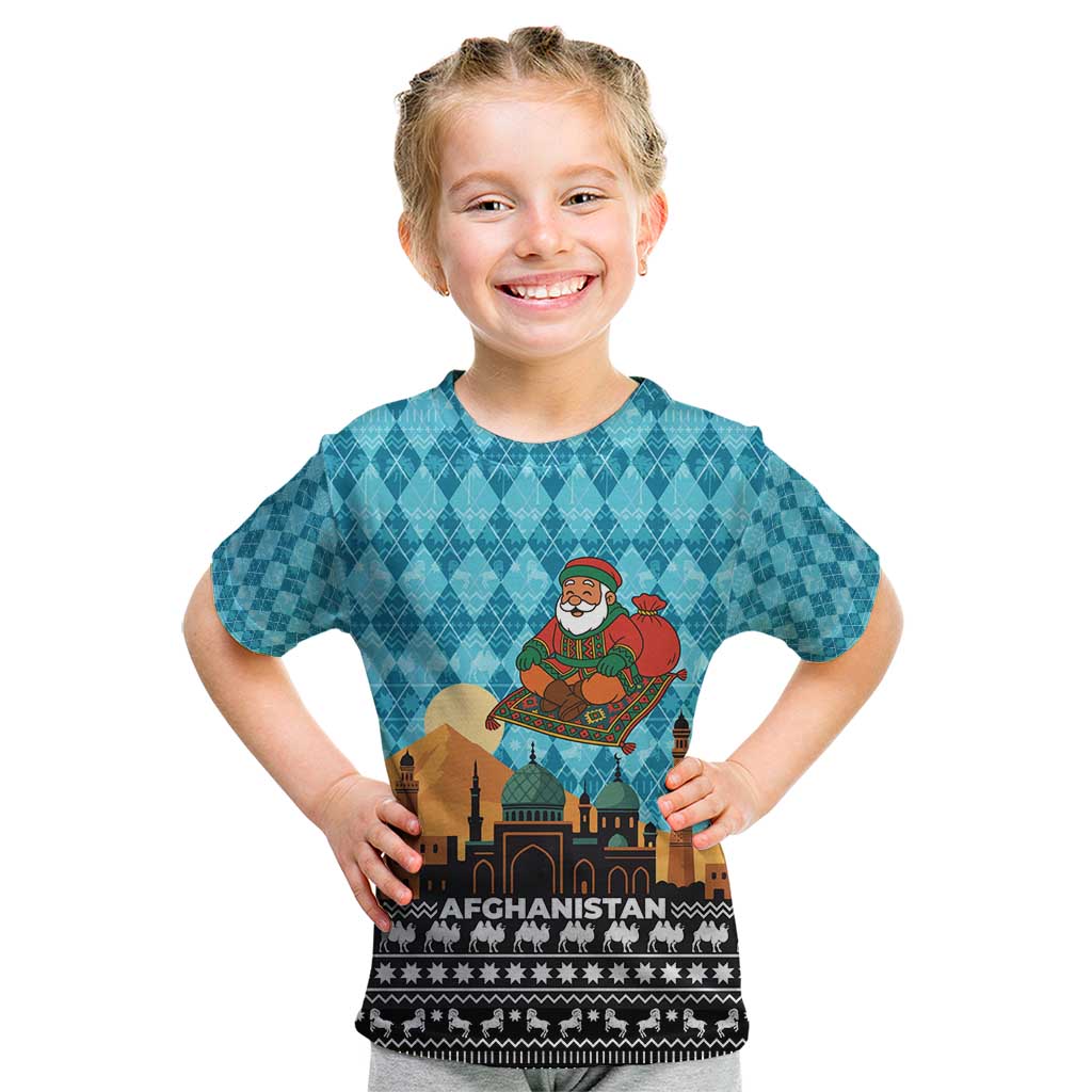 Afghanistan Christmas Kid T Shirt with Santa on Flying Carpet Mosque Camels and Desert Sunset Design - Wonder Print Shop