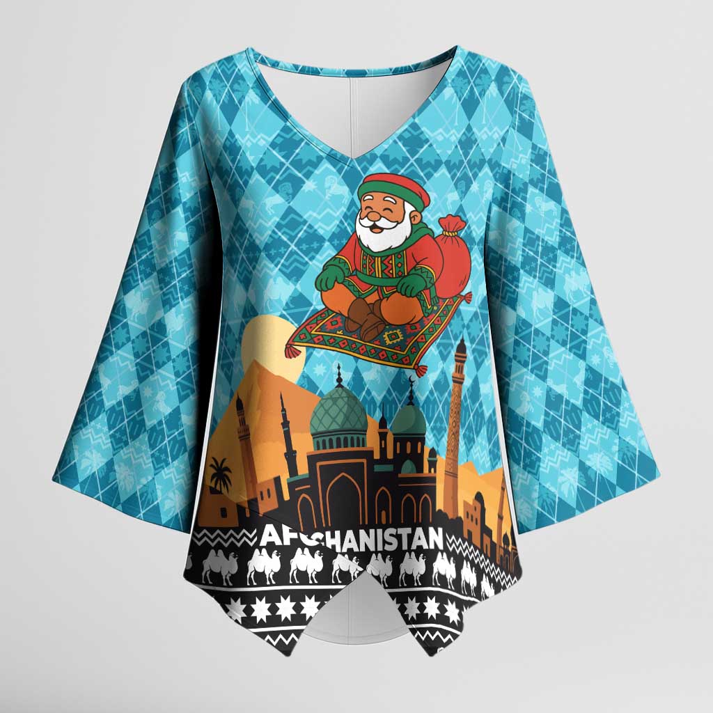 Afghanistan Christmas Kimono Sleeve Blouse with Santa on Flying Carpet Mosque Camels and Desert Sunset Design - Wonder Print Shop