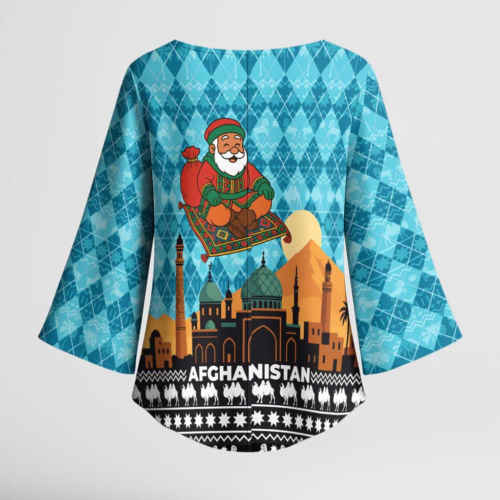 Afghanistan Christmas Kimono Sleeve Blouse with Santa on Flying Carpet Mosque Camels and Desert Sunset Design - Wonder Print Shop
