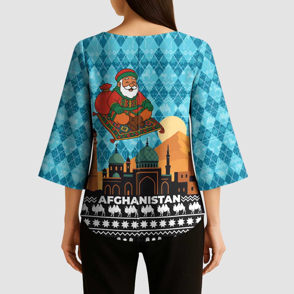 Afghanistan Christmas Kimono Sleeve Blouse with Santa on Flying Carpet Mosque Camels and Desert Sunset Design - Wonder Print Shop