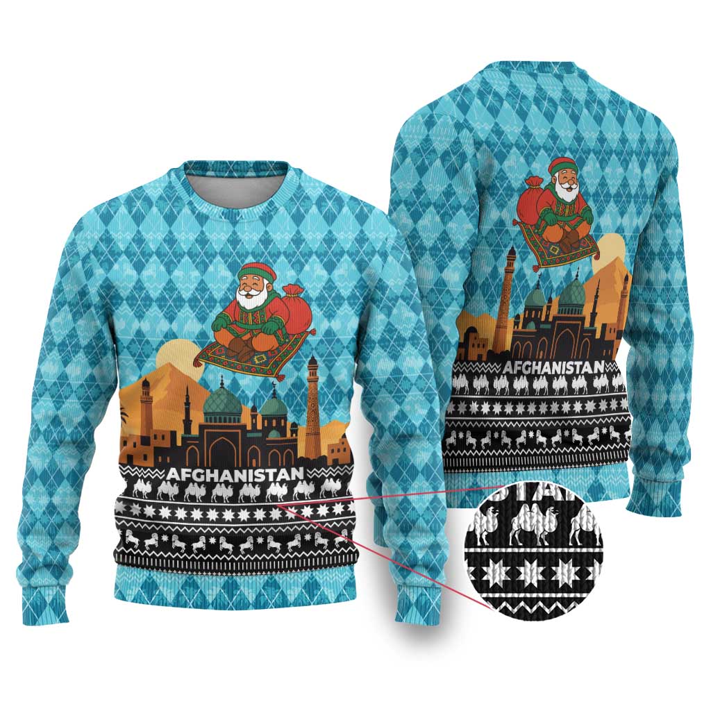 Afghanistan Christmas Ugly Christmas Sweater with Santa on Flying Carpet Mosque Camels and Desert Sunset Design - Wonder Print Shop