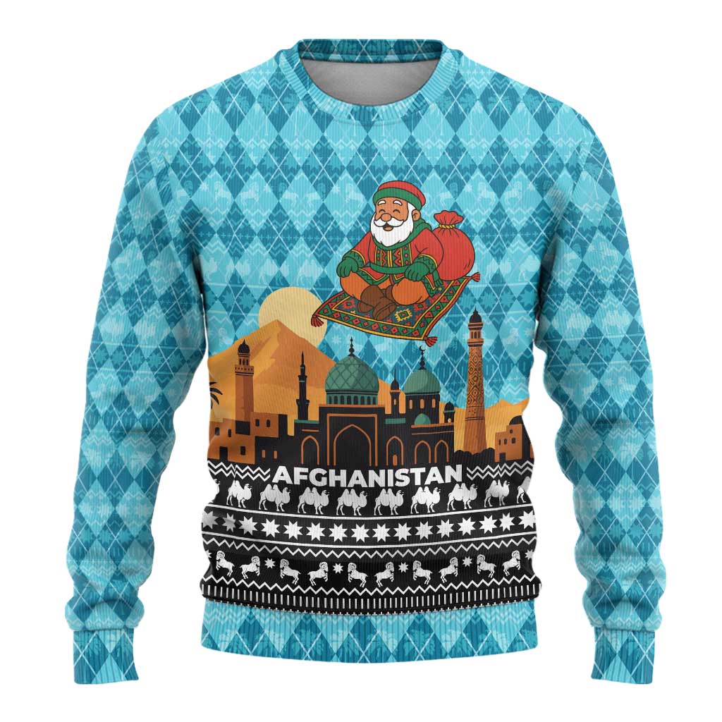 Afghanistan Christmas Ugly Christmas Sweater with Santa on Flying Carpet Mosque Camels and Desert Sunset Design - Wonder Print Shop