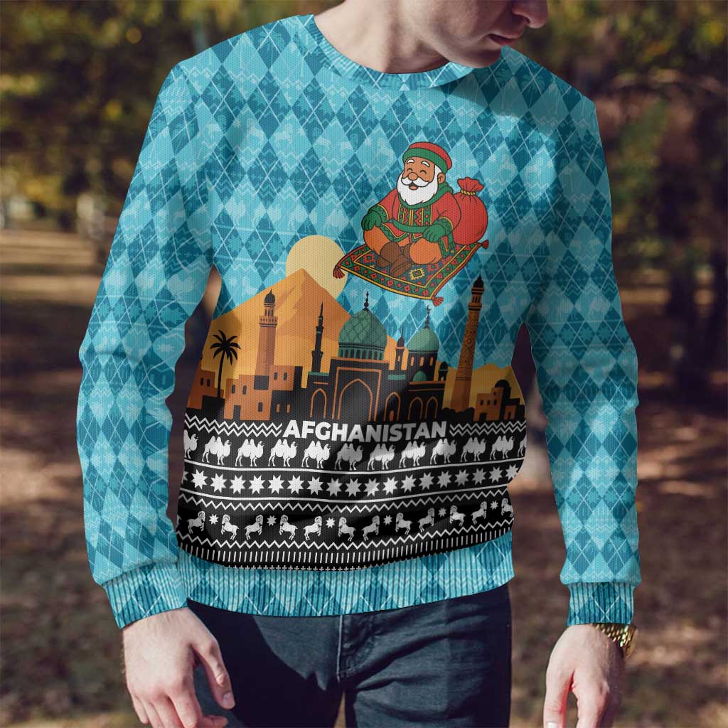 Afghanistan Christmas Ugly Christmas Sweater with Santa on Flying Carpet Mosque Camels and Desert Sunset Design - Wonder Print Shop
