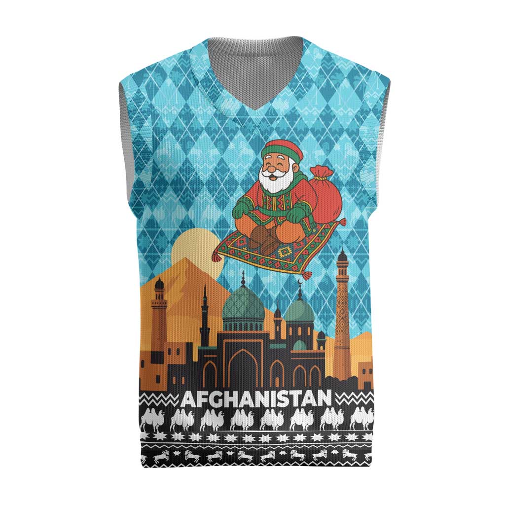 Afghanistan Christmas Knitted V-Neck Vest with Santa on Flying Carpet Mosque Camels and Desert Sunset Design - Wonder Print Shop