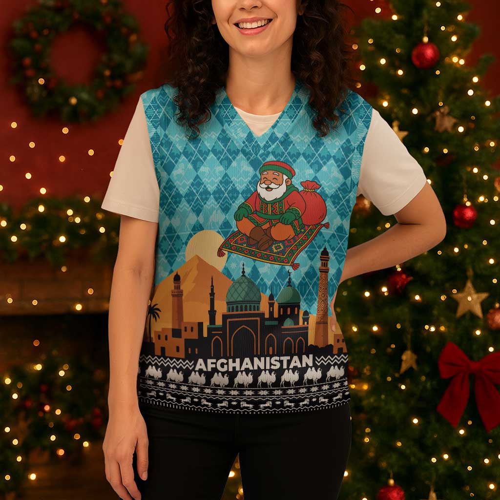 Afghanistan Christmas Knitted V-Neck Vest with Santa on Flying Carpet Mosque Camels and Desert Sunset Design - Wonder Print Shop