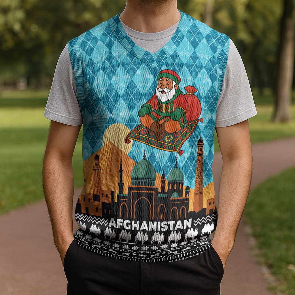 Afghanistan Christmas Knitted V-Neck Vest with Santa on Flying Carpet Mosque Camels and Desert Sunset Design - Wonder Print Shop