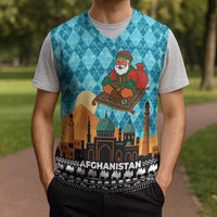 Afghanistan Christmas Knitted V-Neck Vest with Santa on Flying Carpet Mosque Camels and Desert Sunset Design - Wonder Print Shop