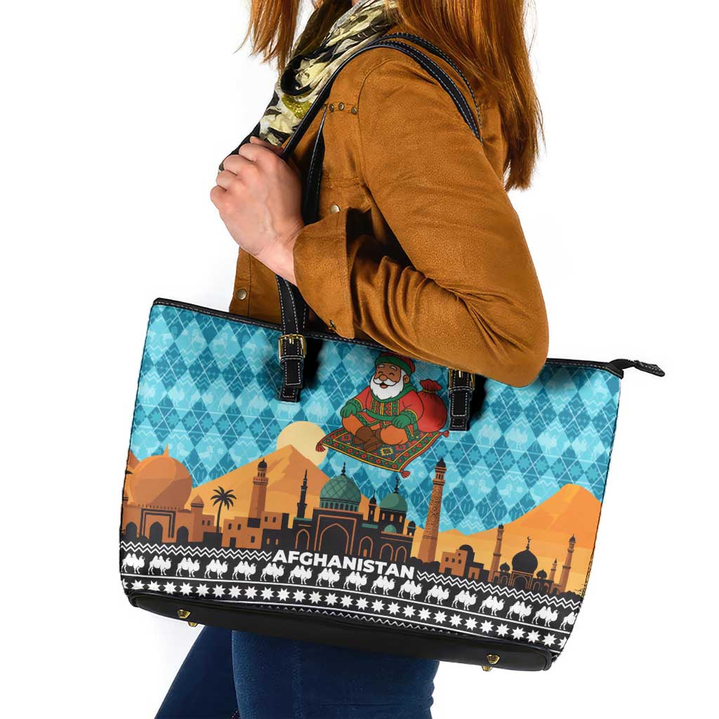 Afghanistan Christmas Leather Tote Bag with Santa on Flying Carpet Mosque Camels and Desert Sunset Design - Wonder Print Shop