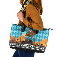 Afghanistan Christmas Leather Tote Bag with Santa on Flying Carpet Mosque Camels and Desert Sunset Design - Wonder Print Shop