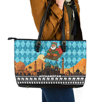Afghanistan Christmas Leather Tote Bag with Santa on Flying Carpet Mosque Camels and Desert Sunset Design - Wonder Print Shop