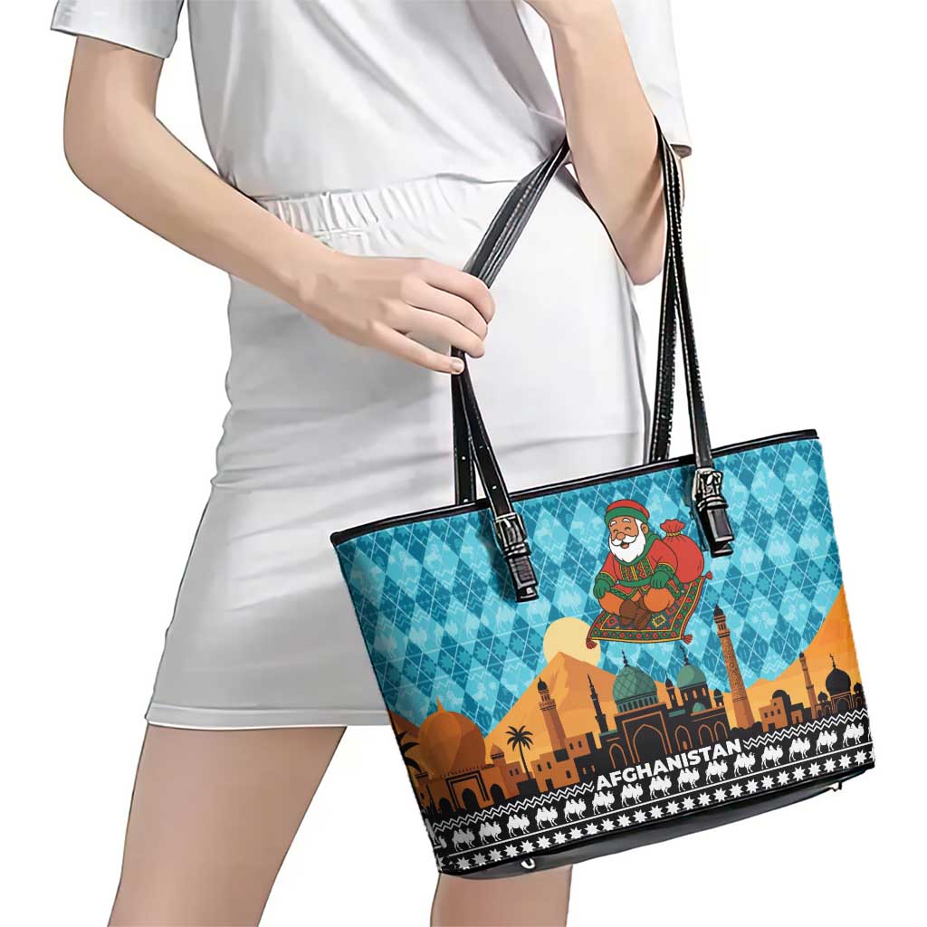 Afghanistan Christmas Leather Tote Bag with Santa on Flying Carpet Mosque Camels and Desert Sunset Design - Wonder Print Shop