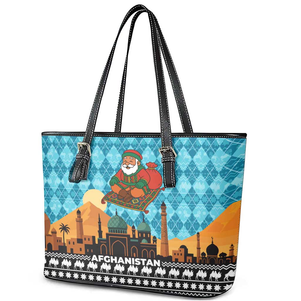 Afghanistan Christmas Leather Tote Bag with Santa on Flying Carpet Mosque Camels and Desert Sunset Design - Wonder Print Shop