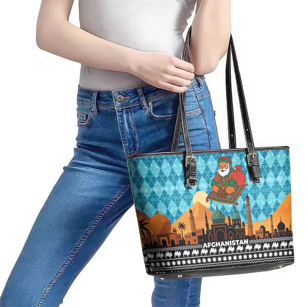 Afghanistan Christmas Leather Tote Bag with Santa on Flying Carpet Mosque Camels and Desert Sunset Design - Wonder Print Shop