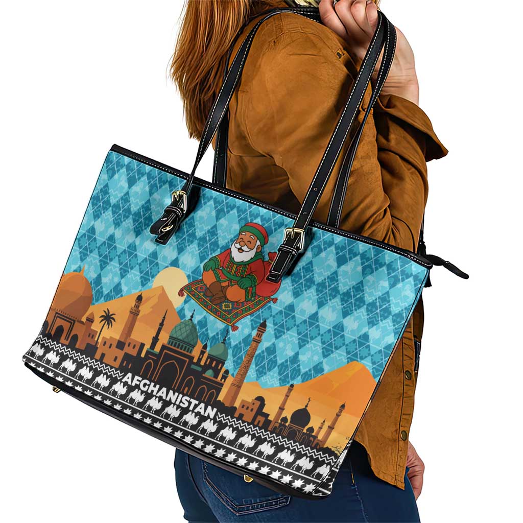 Afghanistan Christmas Leather Tote Bag with Santa on Flying Carpet Mosque Camels and Desert Sunset Design - Wonder Print Shop