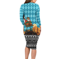 Afghanistan Christmas Long Sleeve Bodycon Dress with Santa on Flying Carpet Mosque Camels and Desert Sunset Design - Wonder Print Shop