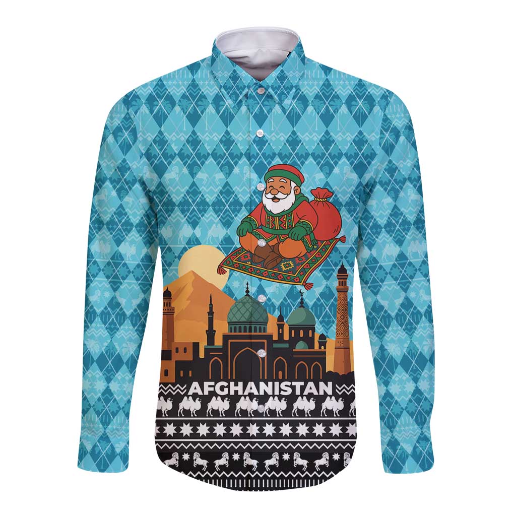 Afghanistan Christmas Long Sleeve Button Shirt with Santa on Flying Carpet Mosque Camels and Desert Sunset Design - Wonder Print Shop