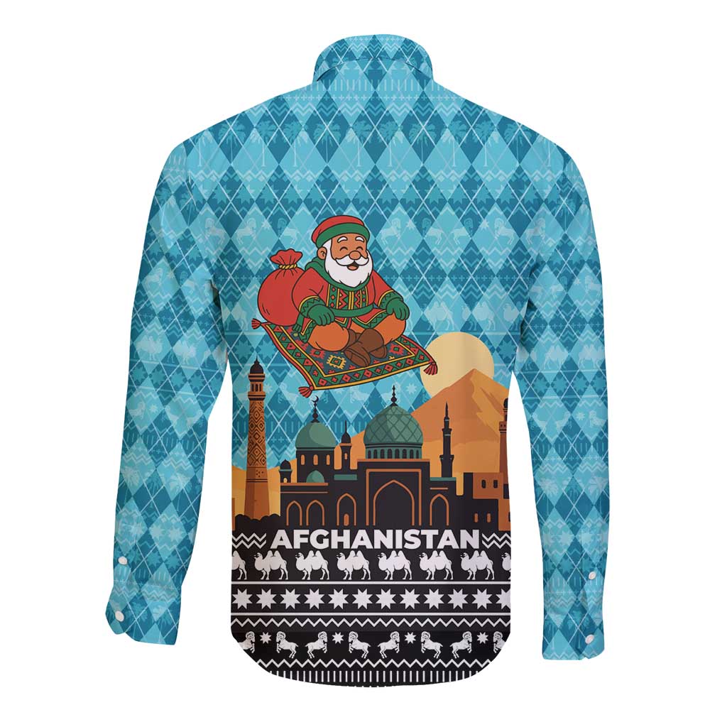 Afghanistan Christmas Long Sleeve Button Shirt with Santa on Flying Carpet Mosque Camels and Desert Sunset Design - Wonder Print Shop