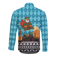 Afghanistan Christmas Long Sleeve Button Shirt with Santa on Flying Carpet Mosque Camels and Desert Sunset Design - Wonder Print Shop