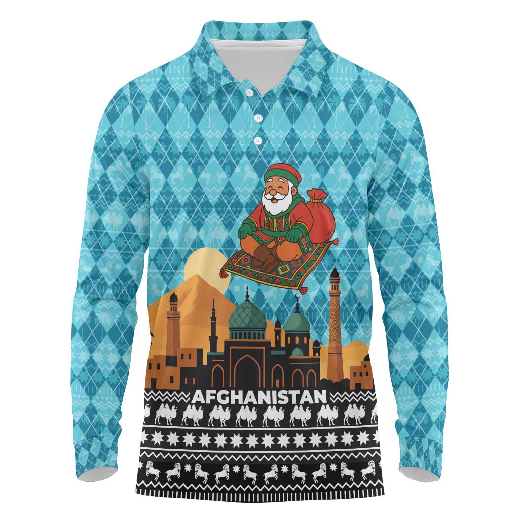 Afghanistan Christmas Long Sleeve Polo Shirt with Santa on Flying Carpet Mosque Camels and Desert Sunset Design - Wonder Print Shop