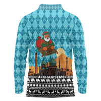Afghanistan Christmas Long Sleeve Polo Shirt with Santa on Flying Carpet Mosque Camels and Desert Sunset Design - Wonder Print Shop
