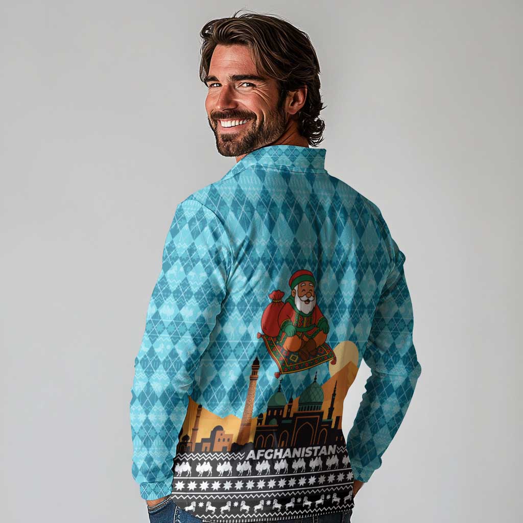 Afghanistan Christmas Long Sleeve Polo Shirt with Santa on Flying Carpet Mosque Camels and Desert Sunset Design - Wonder Print Shop