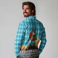 Afghanistan Christmas Long Sleeve Polo Shirt with Santa on Flying Carpet Mosque Camels and Desert Sunset Design - Wonder Print Shop